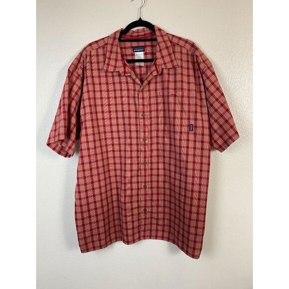 Patagonia Mens Red Plaid Short Sleeve Camp Button Up Shirt sz XXL Organic Cotton - Picture 1 of 14